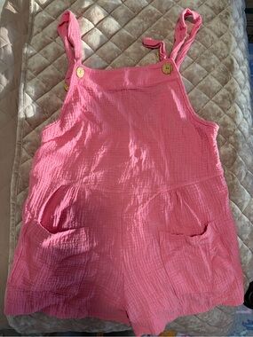 Pink Cotton Gauze Overalls Romper with Pockets